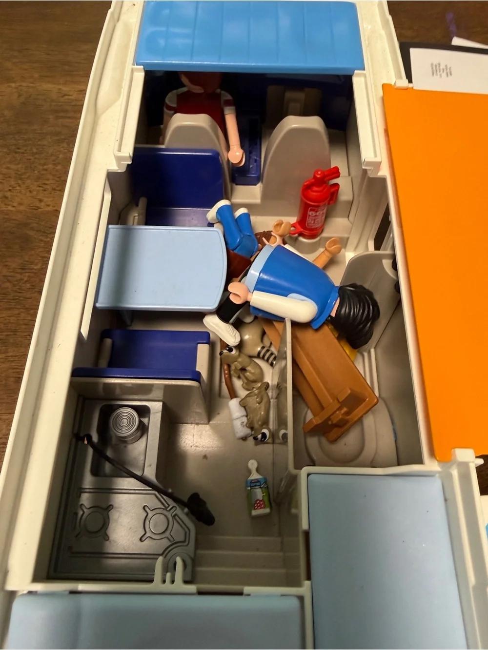 White and Blue Toy Camper with Orange Accent - Kids Vehicle Playset